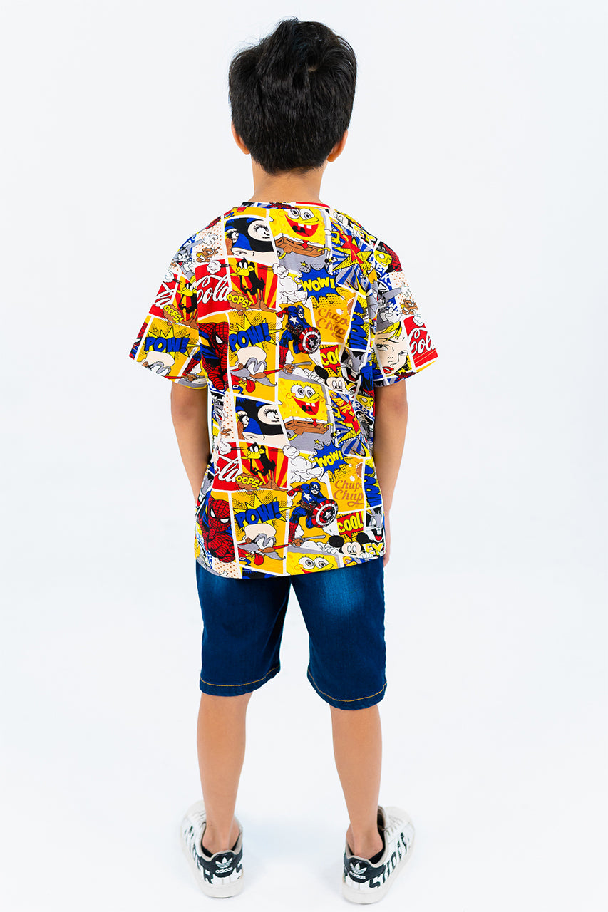 Boy's cotton t-shirt & short jeans with Sponge bob print- back view
