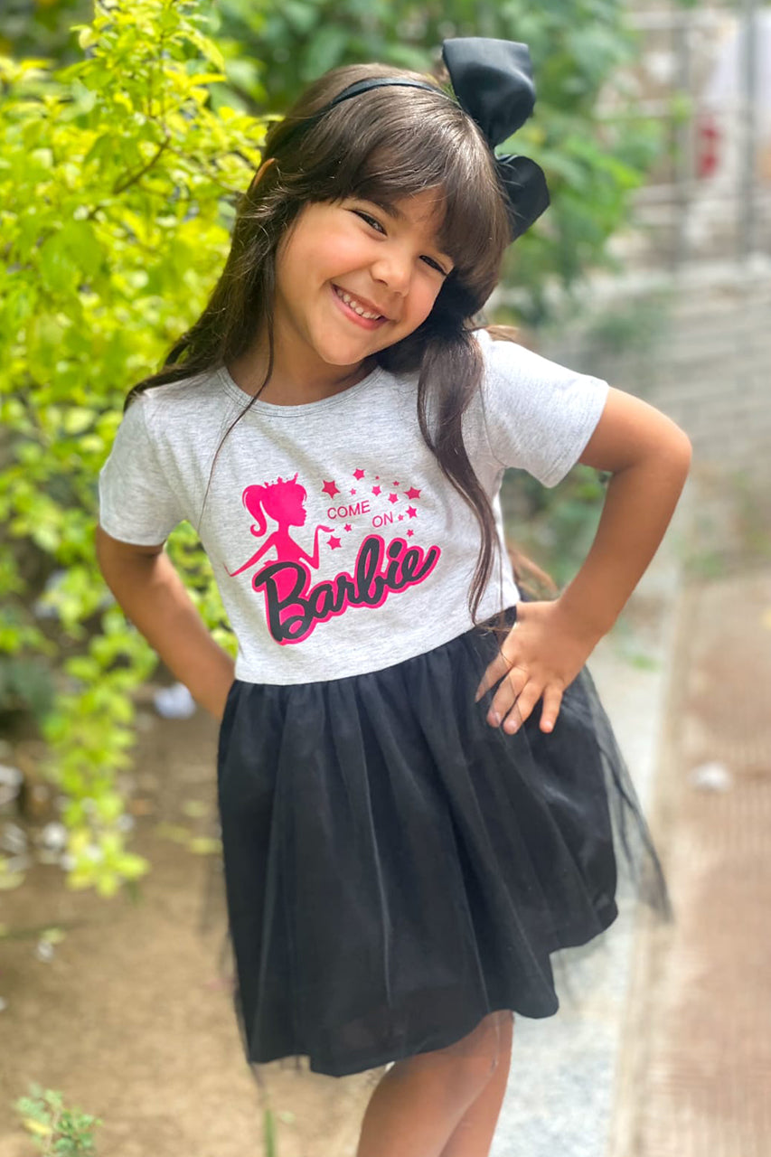 Puffy dress for little girl with Barbie printed - black