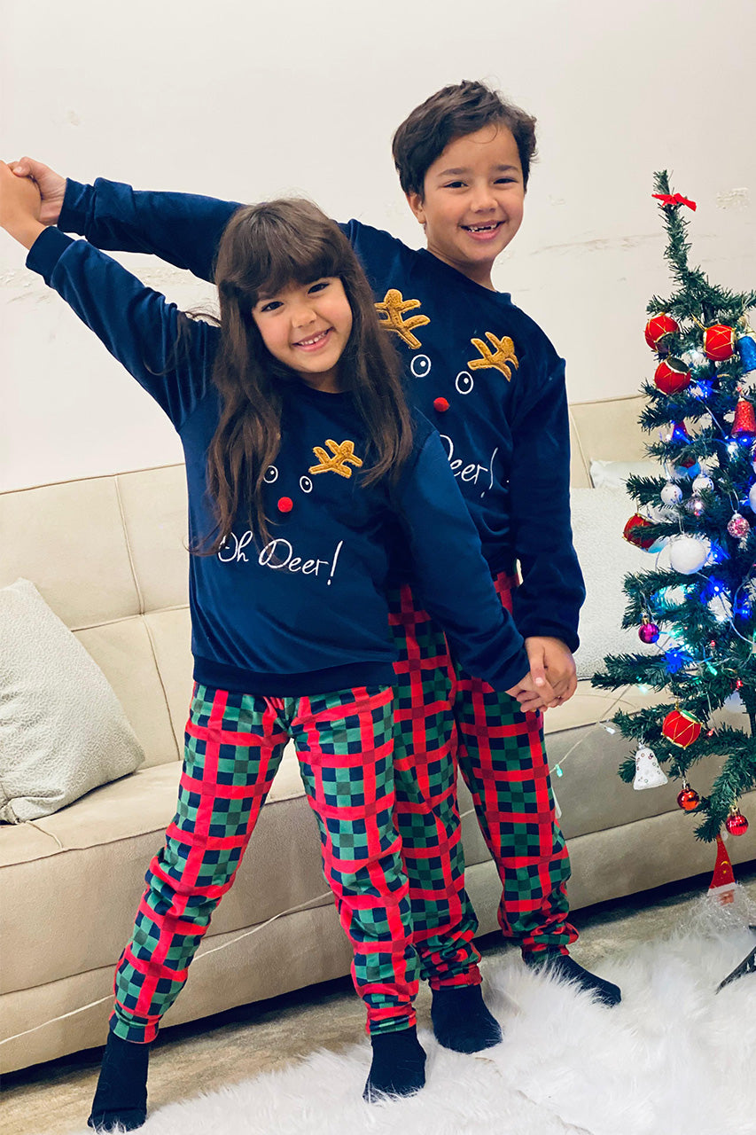 Winter family Matching Christmas pajamas with A deer embroidery - Navy