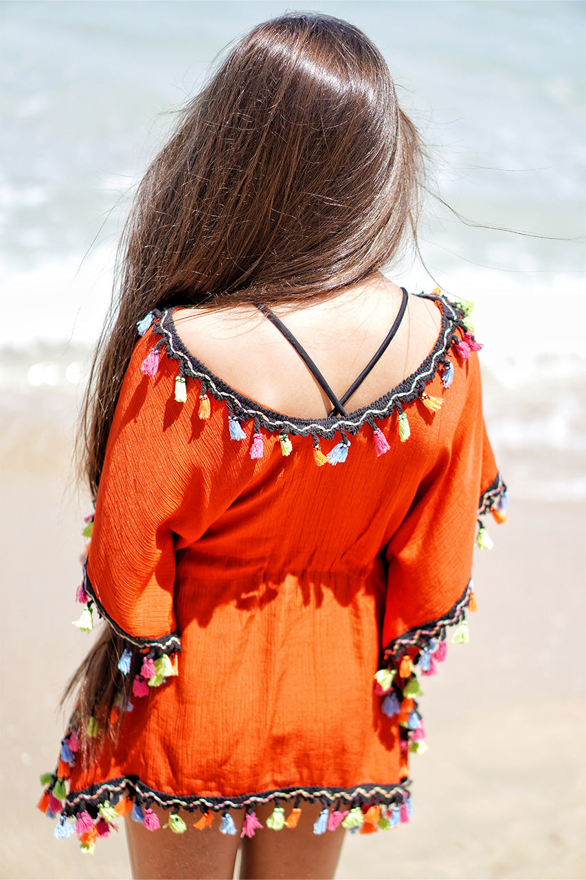 Girl's beach cover-up - Orange with multicolor accessories