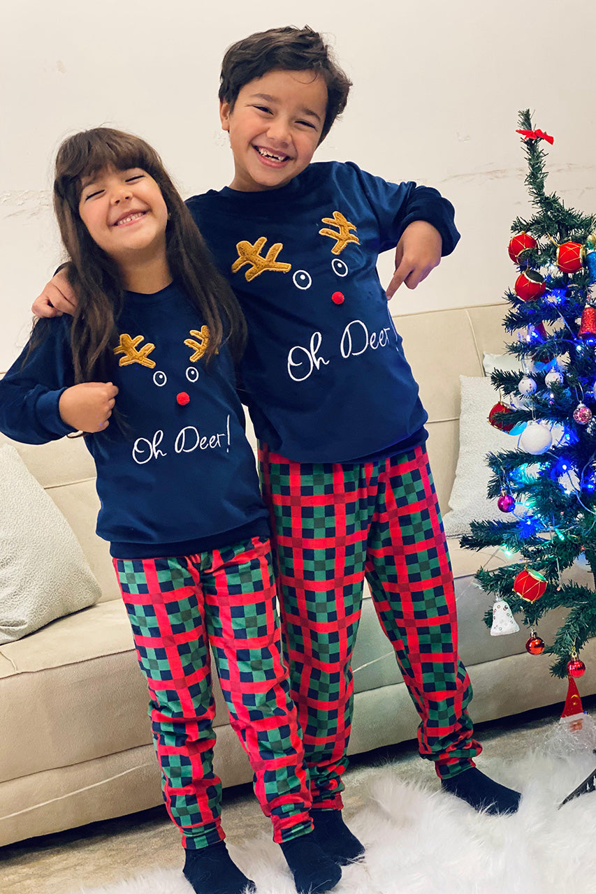 Winter family Matching Christmas pajamas with A deer embroidery - Navy