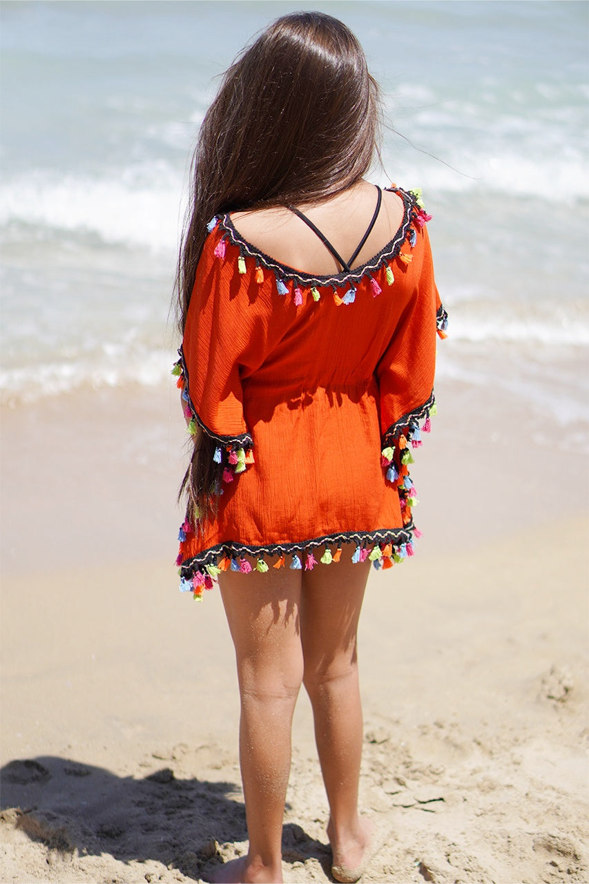 Girl's beach cover-up - Orange with multicolor accessories
