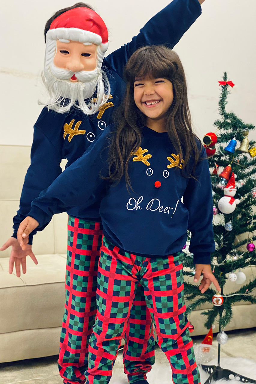 Winter family Matching Christmas pajamas with A deer embroidery - Navy