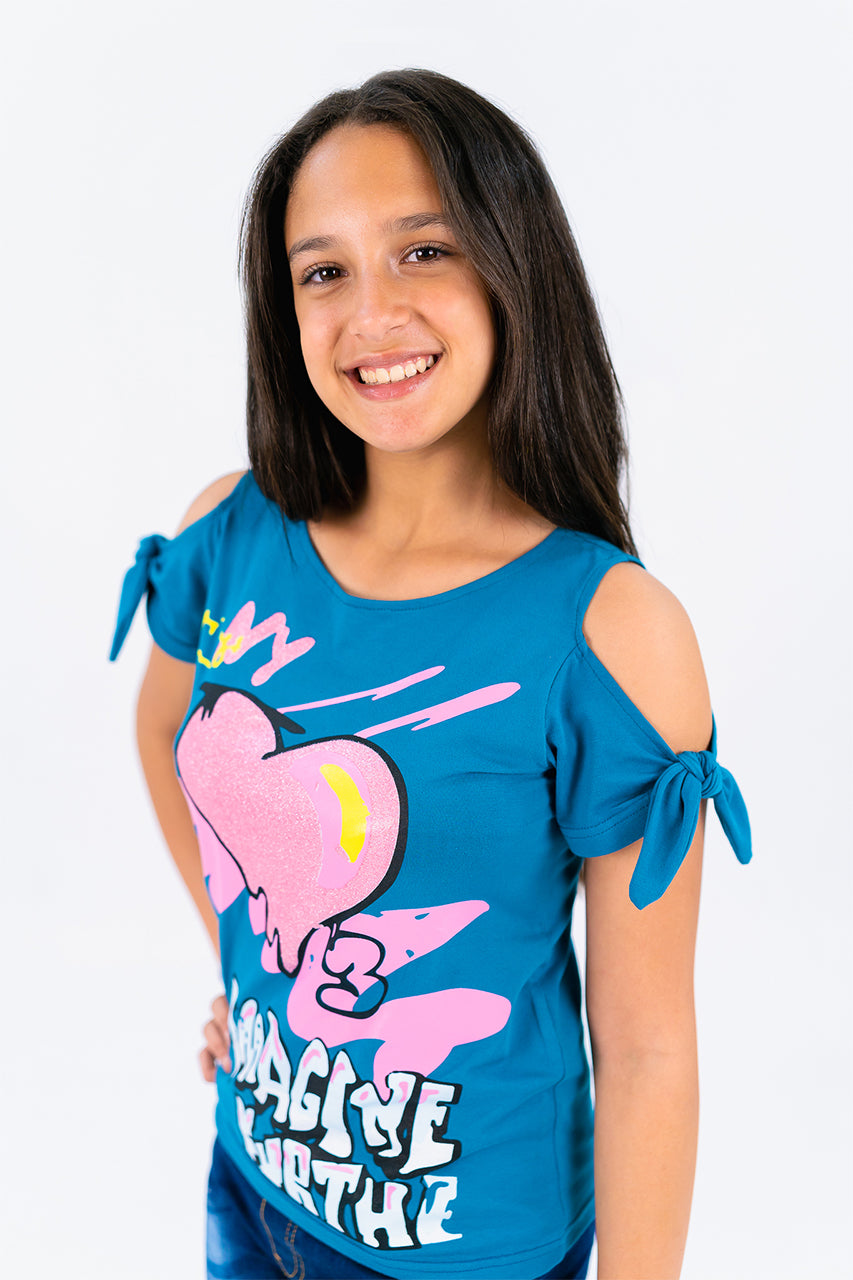 Girls off shoulder t-shirt with imagine further printed