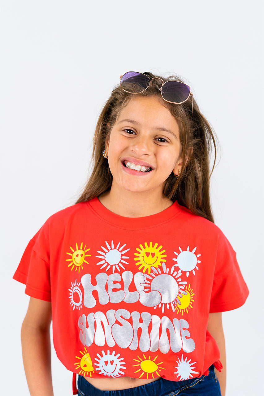 Girls crop t-shirt watermelon with hello sunshine printed zoom in view