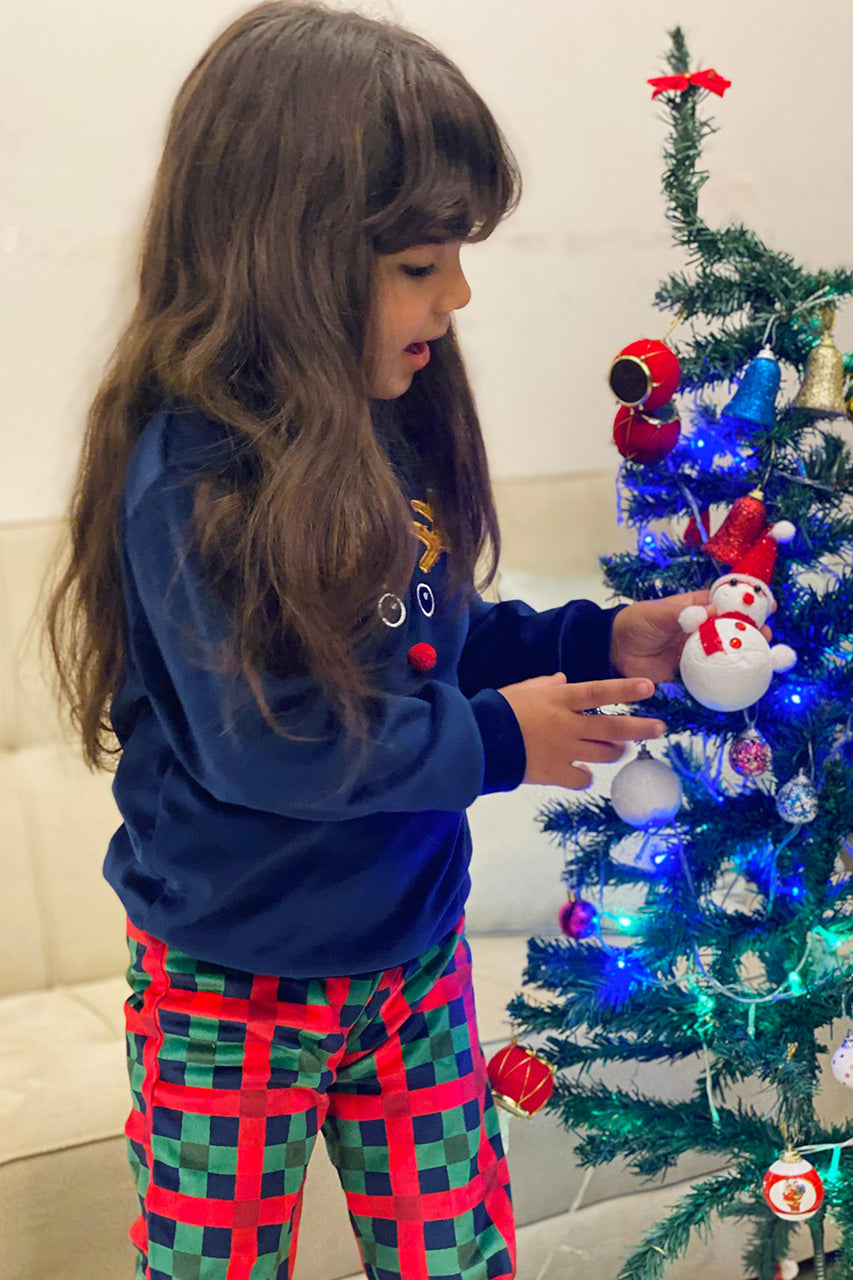 Winter family Matching Christmas pajamas with A deer embroidery - Navy