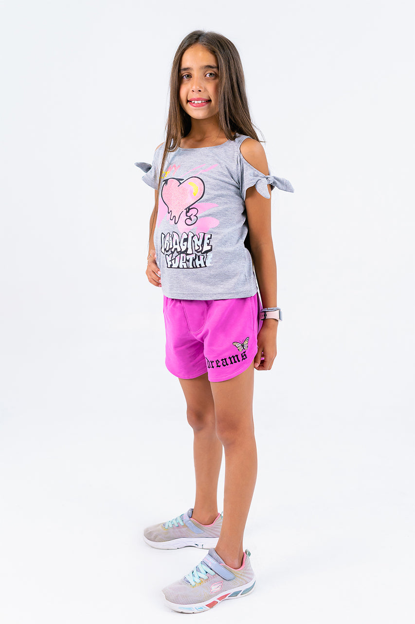 Girls off shoulder t-shirt with imagine further printed - Gray - side view 2