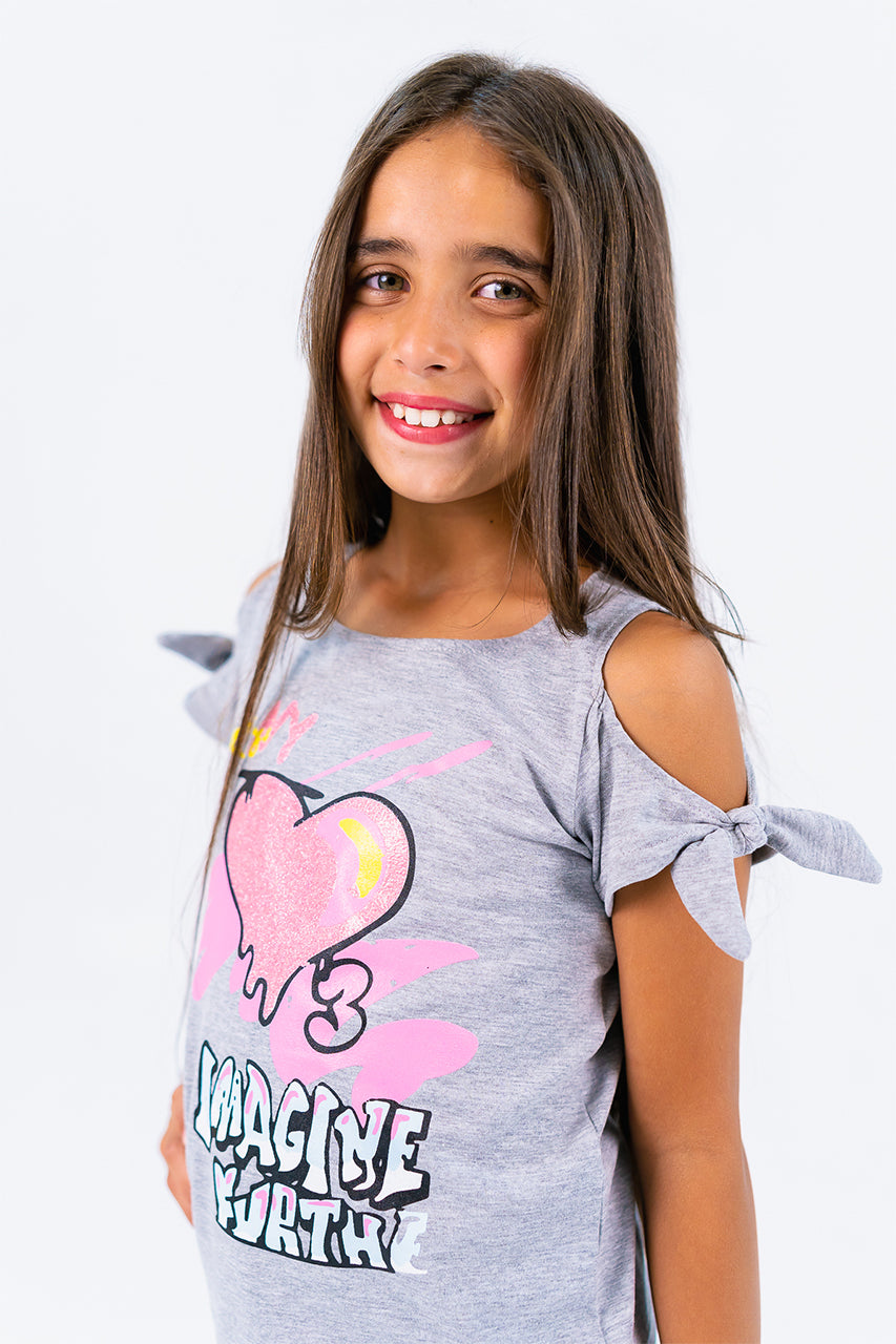 Girls off shoulder t-shirt with imagine further printed - Gray - side view
