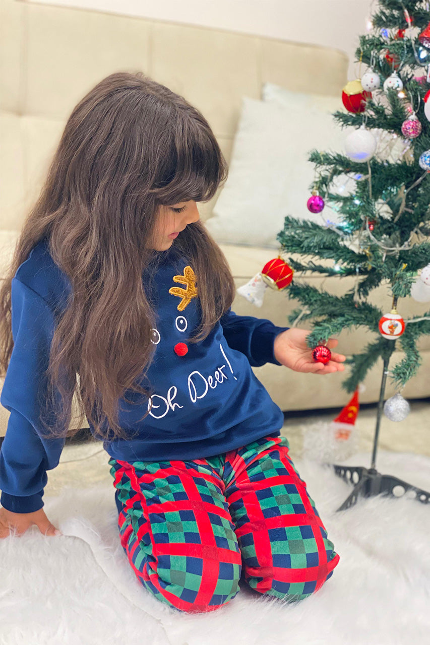 Winter family Matching Christmas pajamas with A deer embroidery - Navy