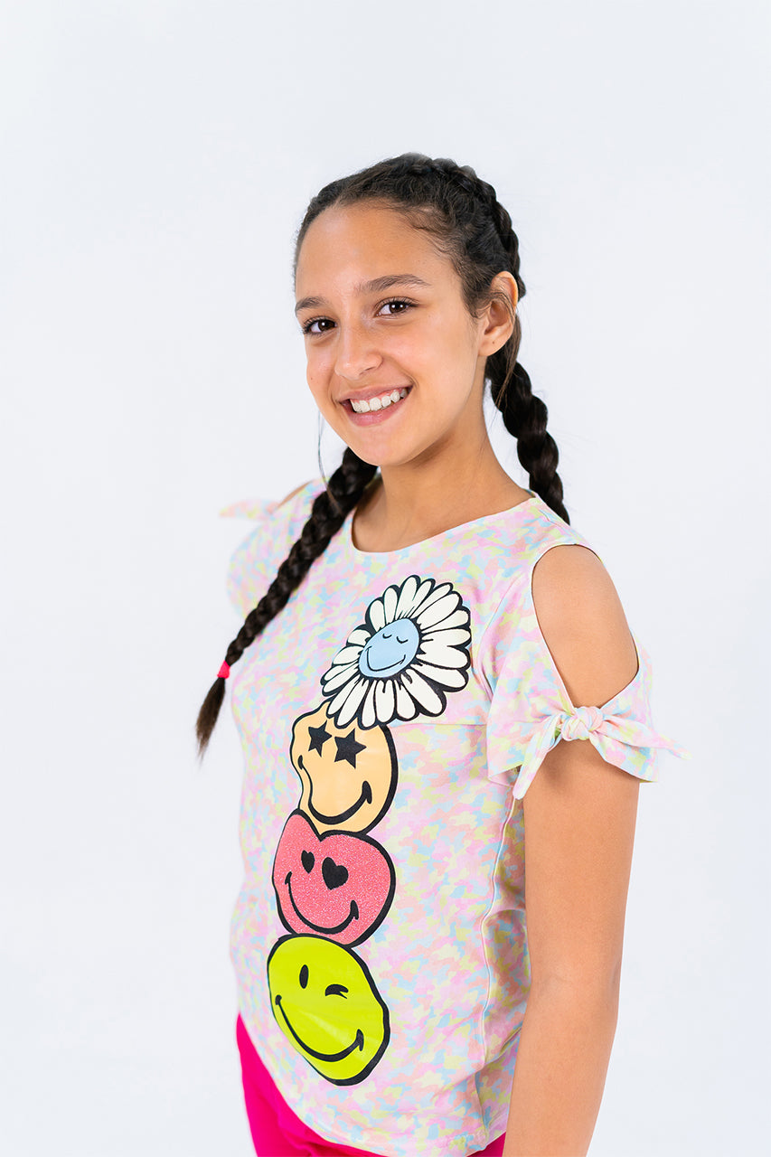 Girls off shoulder t-shirt with smile & flower printed- side view