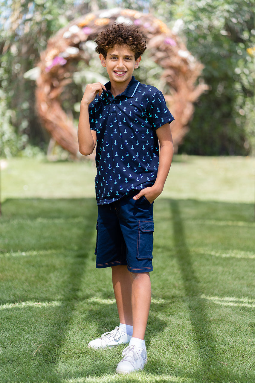 Boy's polo t-shirt - Navy allover - side view 2