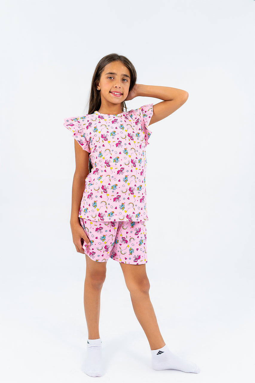 Girls short pajamas Cotton & short sleeves - Unicorn allover print - front view