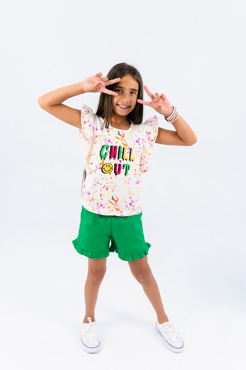 Girls Ruffle shirt with chill out printed - white zoom out