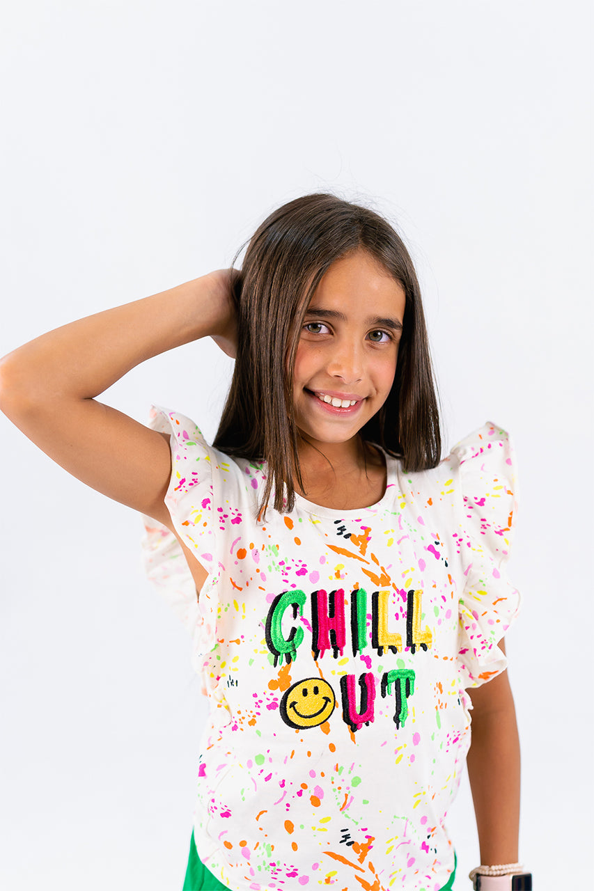 Girls Ruffle sleeves- shirt with chill out printed - white