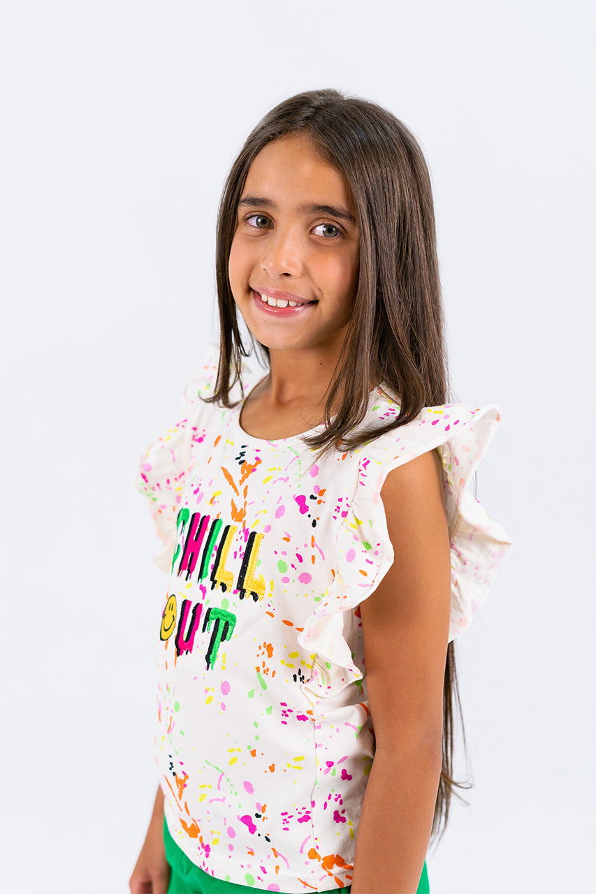 Girls Ruffle shirt with chill out printed - white - side view