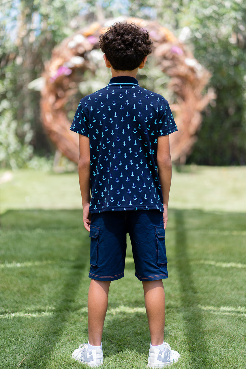 Boy's polo t-shirt - Navy allover - back view