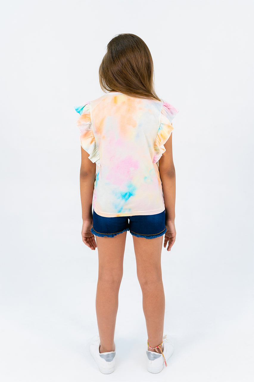 Girls ruffle sleeve t-shirt with palm tie dye printed