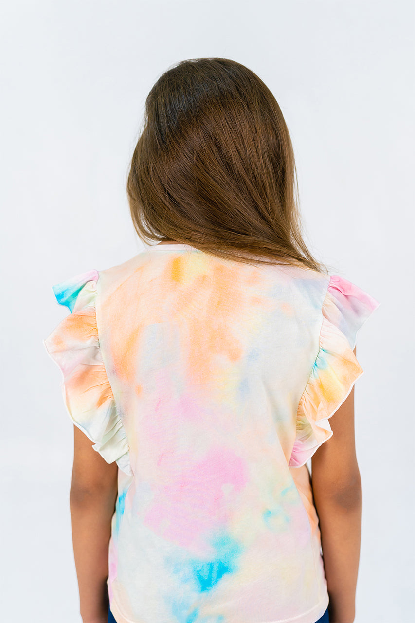 Girls ruffle sleeve t-shirt with palm tie dye printed