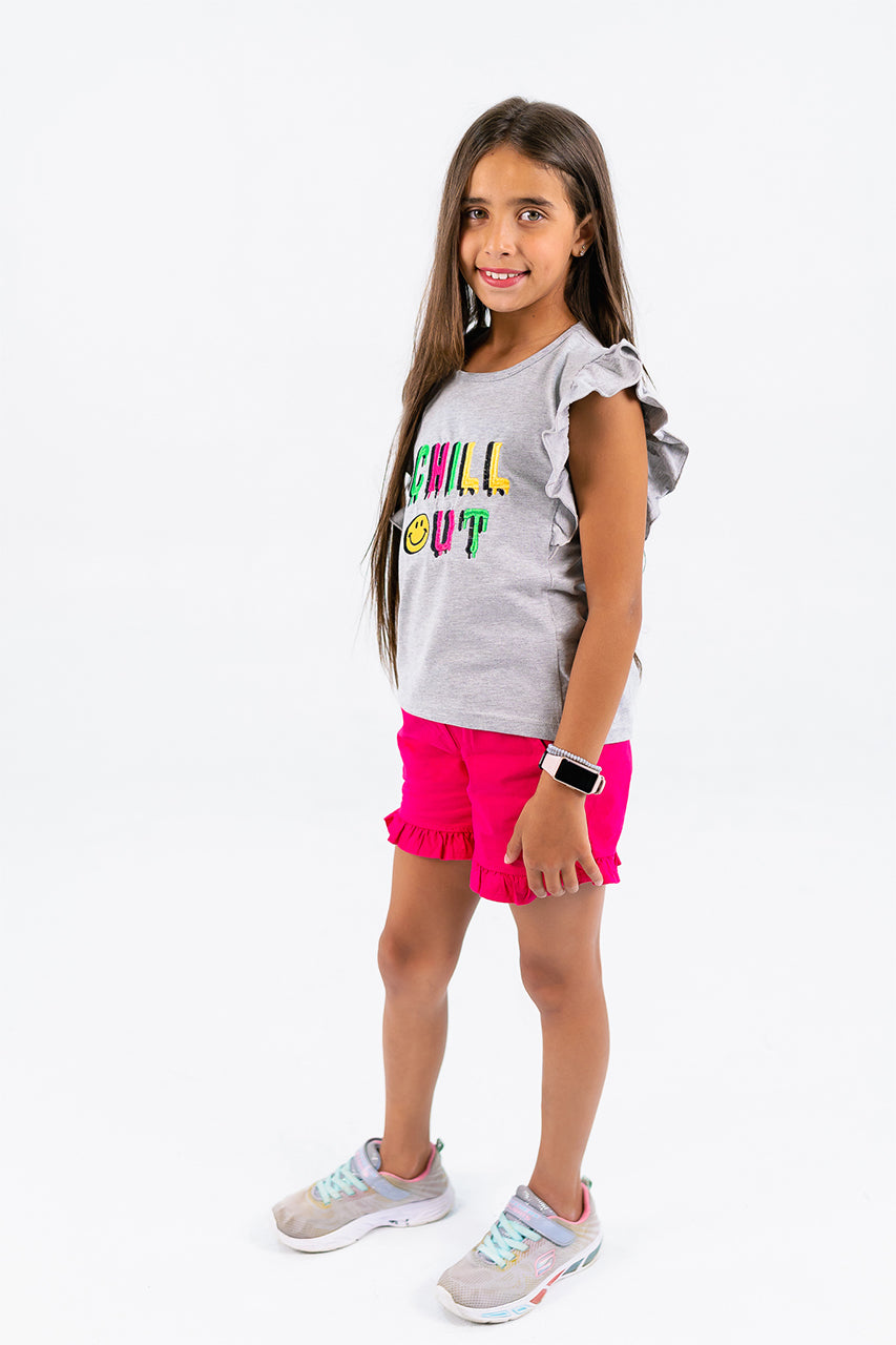 Girls Ruffle t-shirt with chill out printed - Gray