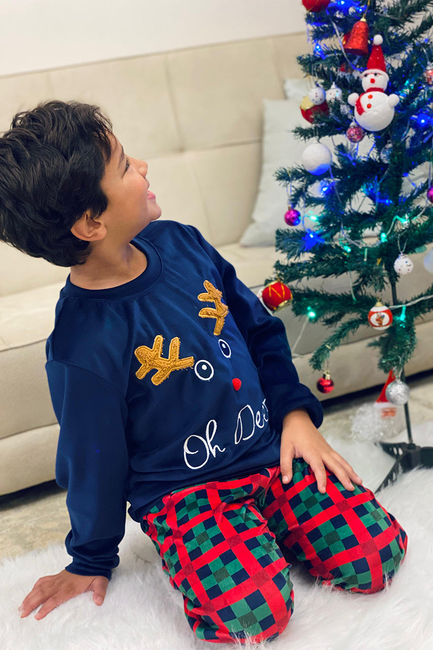 Winter family Matching Christmas pajamas with A deer embroidery - Navy