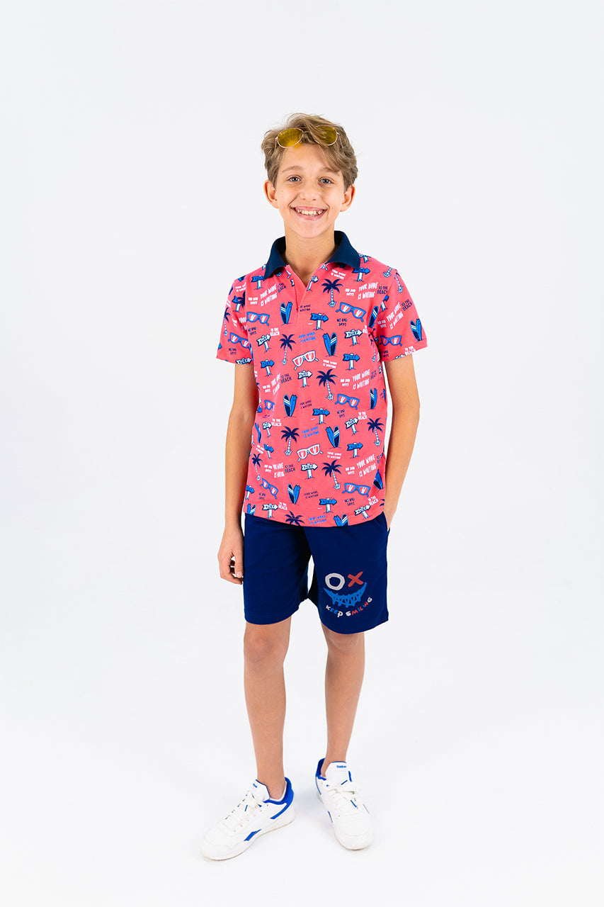 Boy's polo t-shirt with palm tree printed for Outwear -watermelon- front view