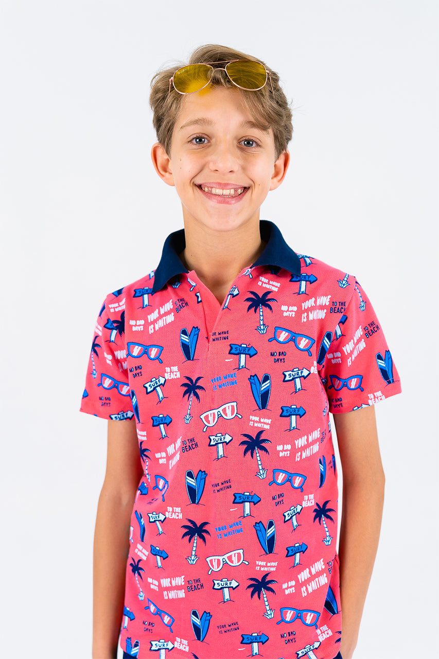 Boy's polo t-shirt with palm tree printed for Outwear -watermelon- zoom in view