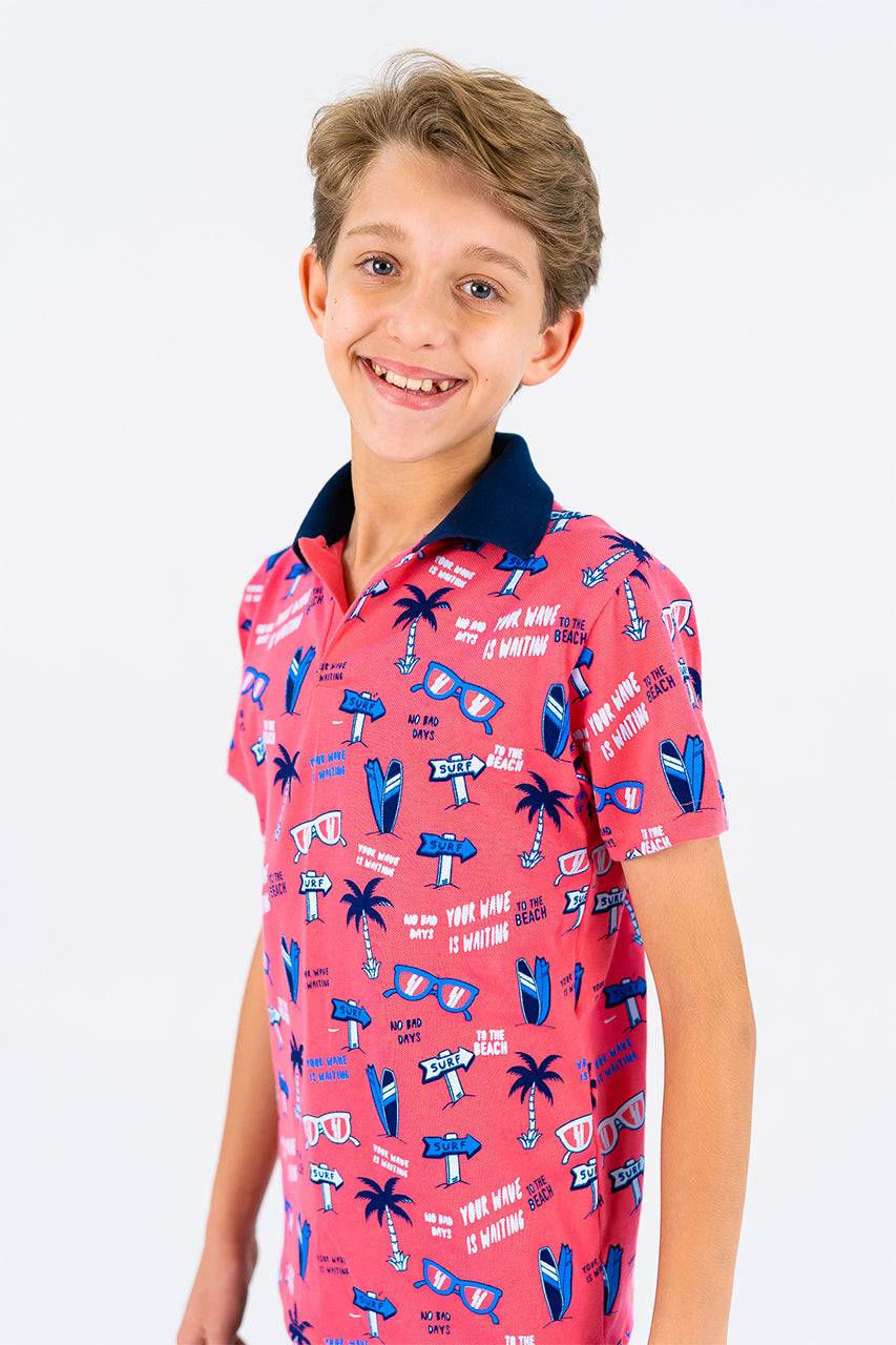 Boy's polo t-shirt with palm tree printed for Outwear -watermelon- side view