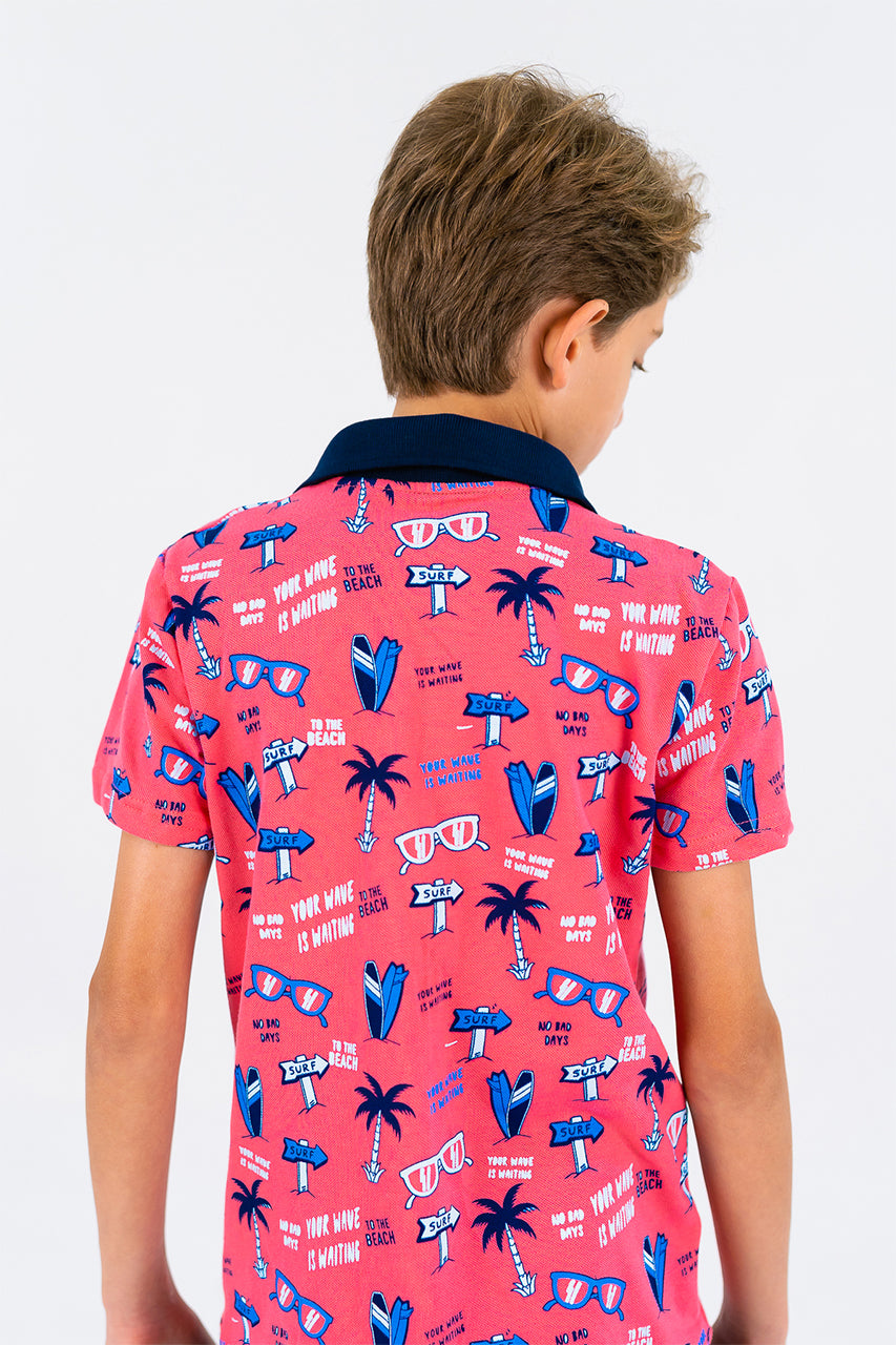 Boy's polo t-shirt with palm tree printed for Outwear -watermelon- back view