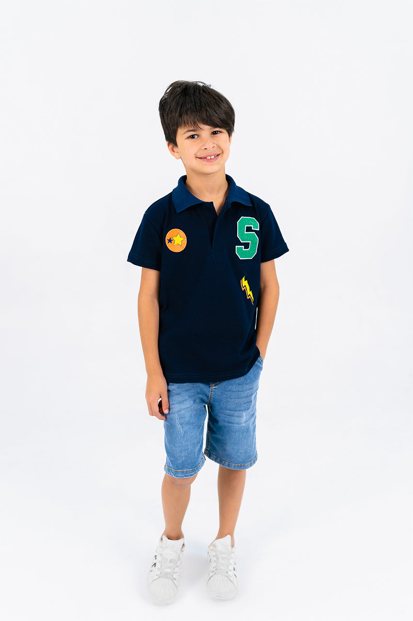 Boy's polo t-shirt  with star printed for Outwear -navy- front view