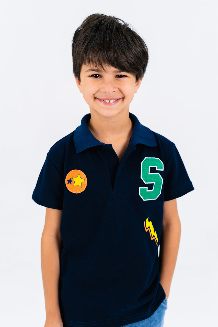 Boy's polo t-shirt  with star printed for Outwear -navy- zoom in view