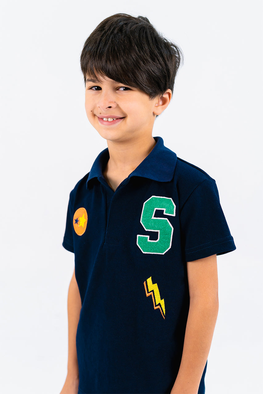 Boy's polo t-shirt  with star printed for Outwear -navy- side view