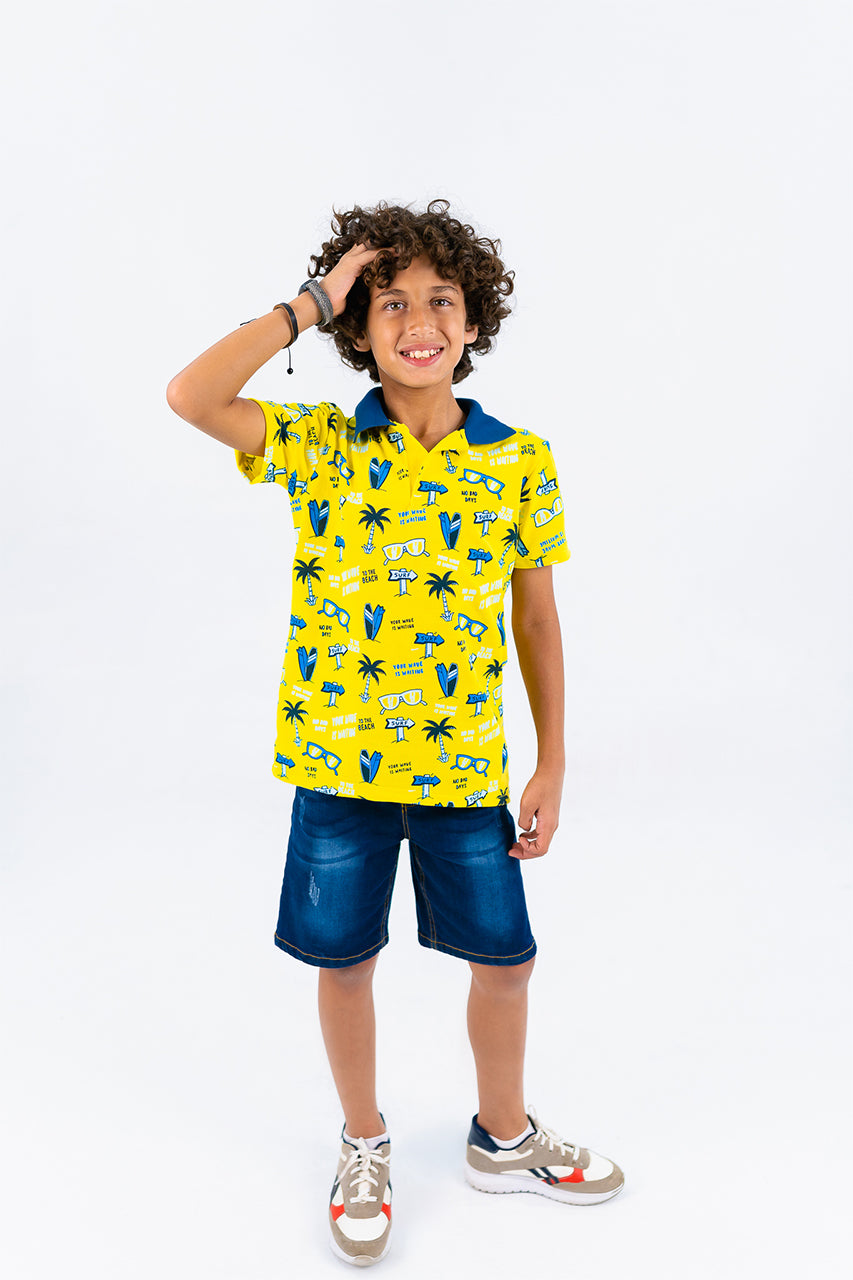 Boy's polo t-shirt with palm tree printed- yellow- front view