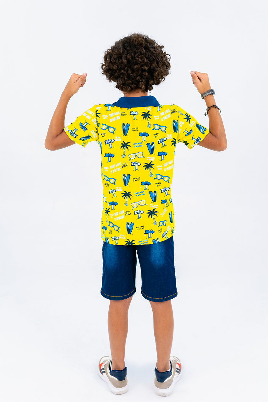 Boy's polo t-shirt with palm tree printed- yellow