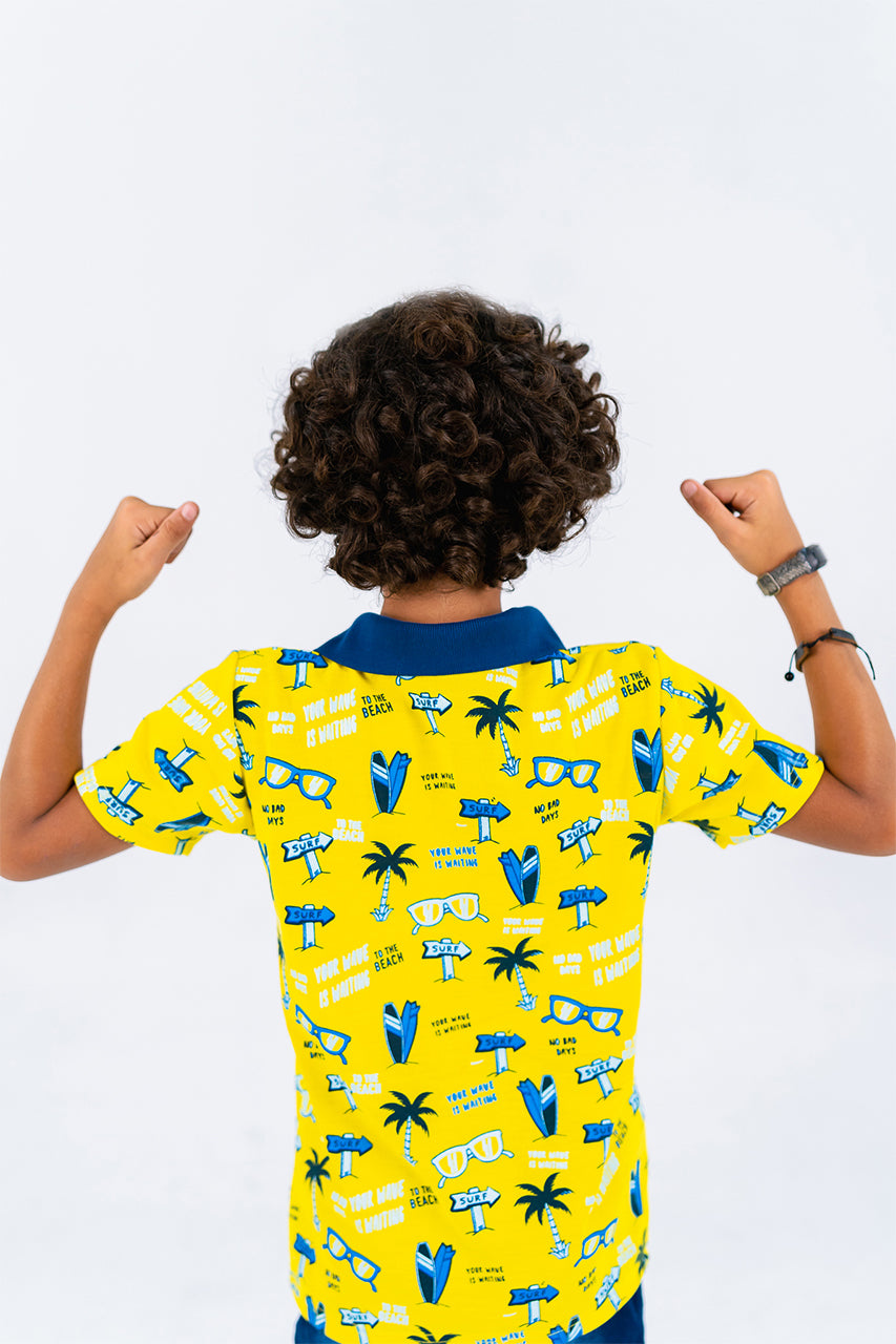 Boy's polo t-shirt with palm tree printed- yellow- back view