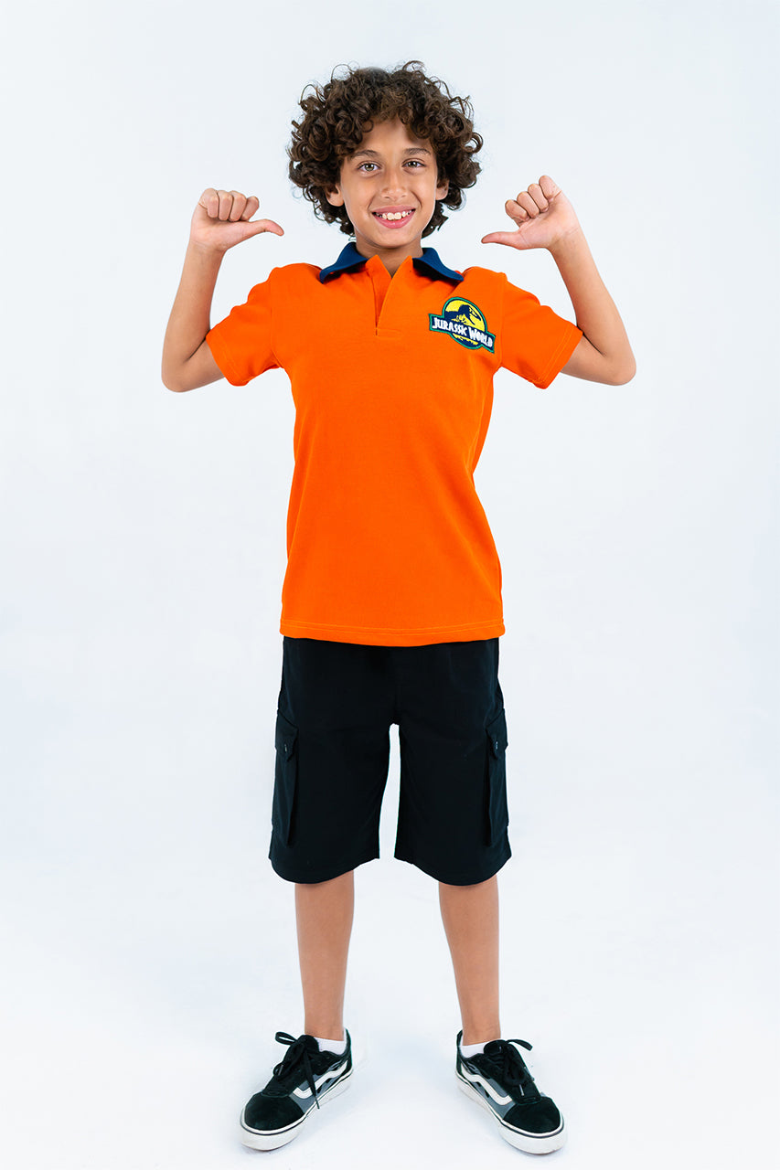 Boy's polo t-shirt with jurassk world printed - Orange - front view