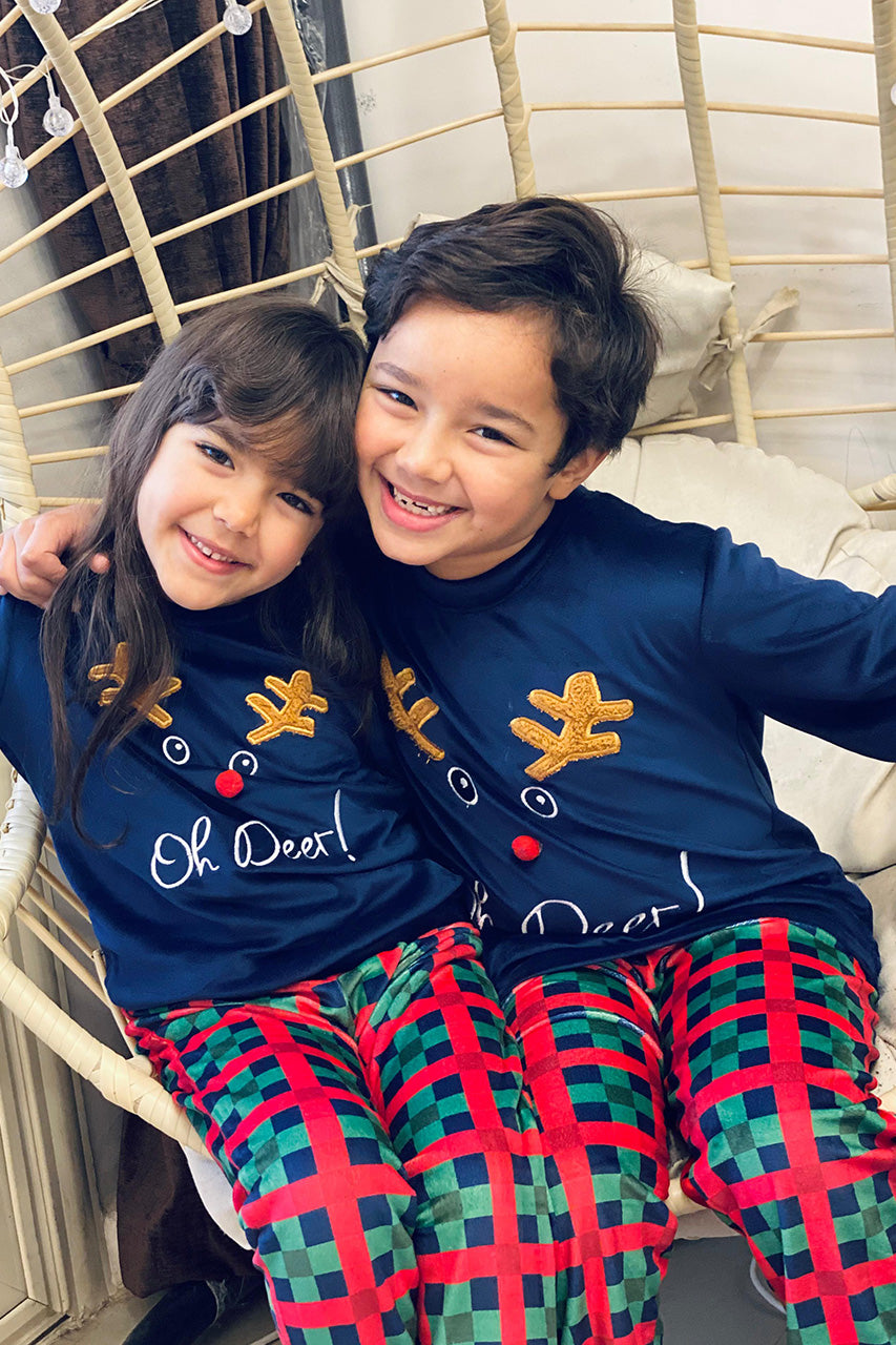 Winter family Matching Christmas pajamas with A deer embroidery - Navy