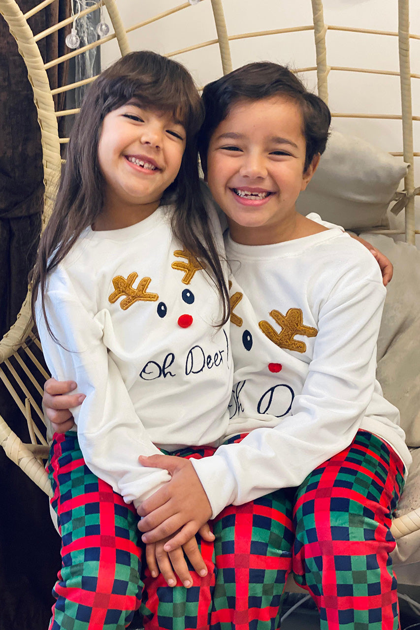 Winter family Matching Christmas pajamas with A deer embroidery - White