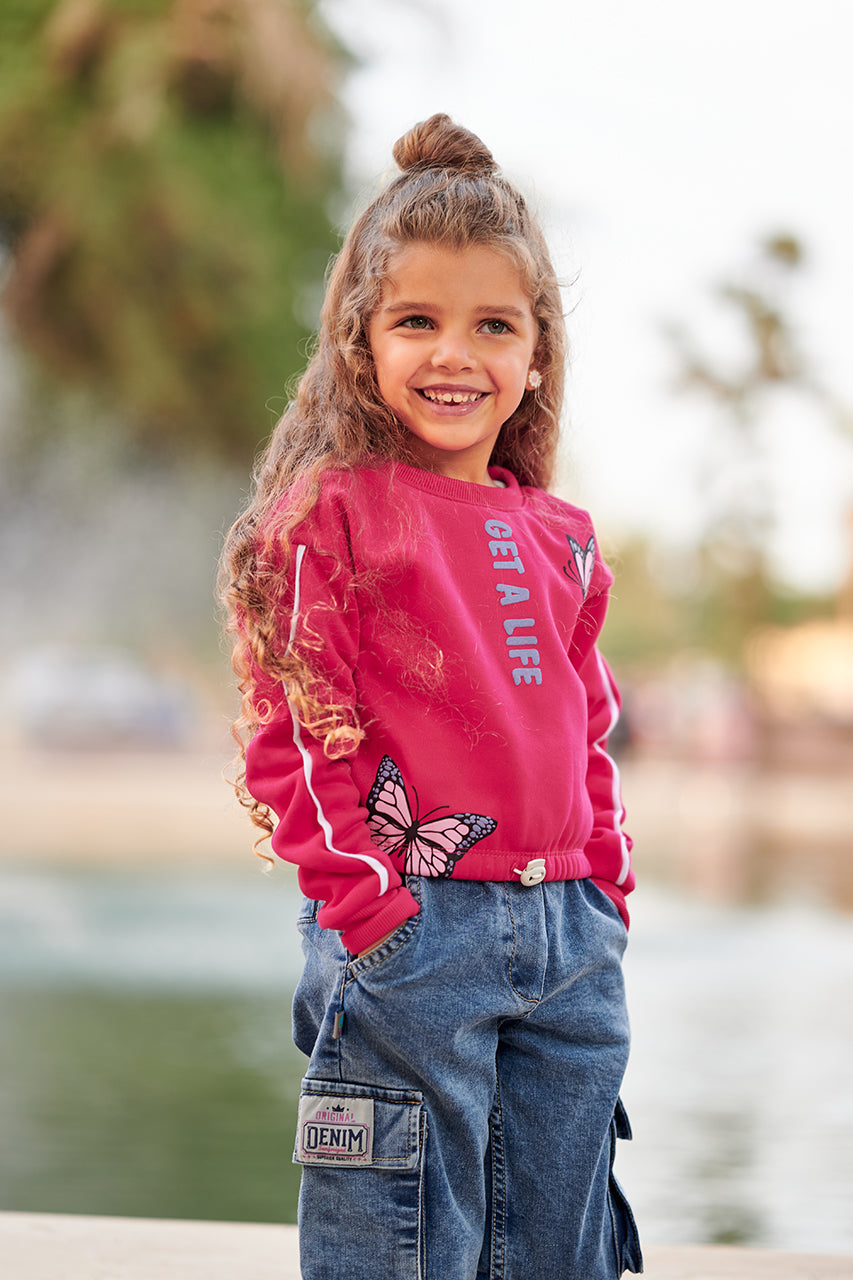 Girls Fuchsia Crop Sweatshirt with 'Get A Life' and Butterfly Print