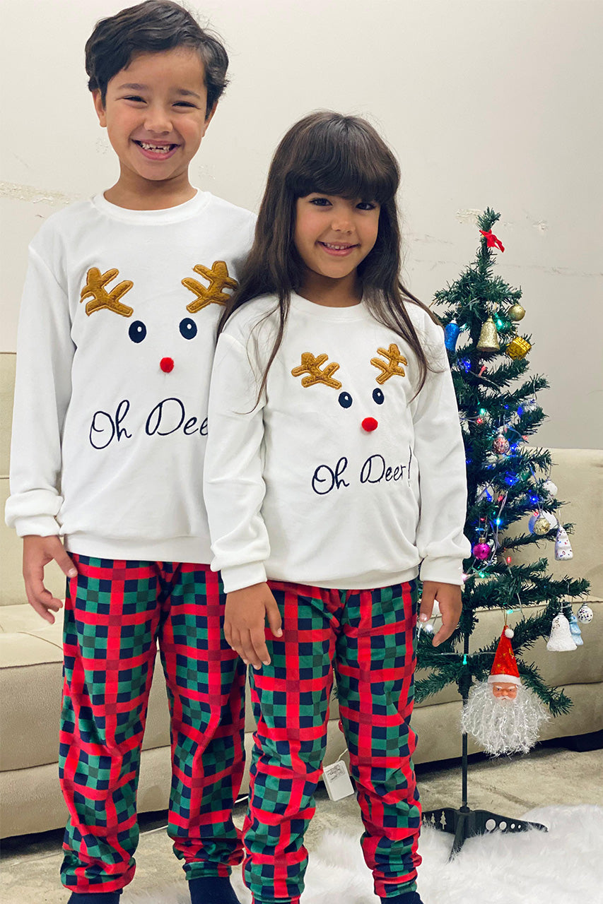 Winter family Matching Christmas pajamas with A deer embroidery - White