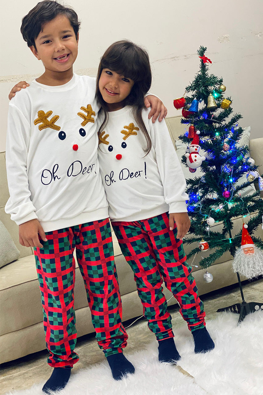 Winter family Matching Christmas pajamas with A deer embroidery - White