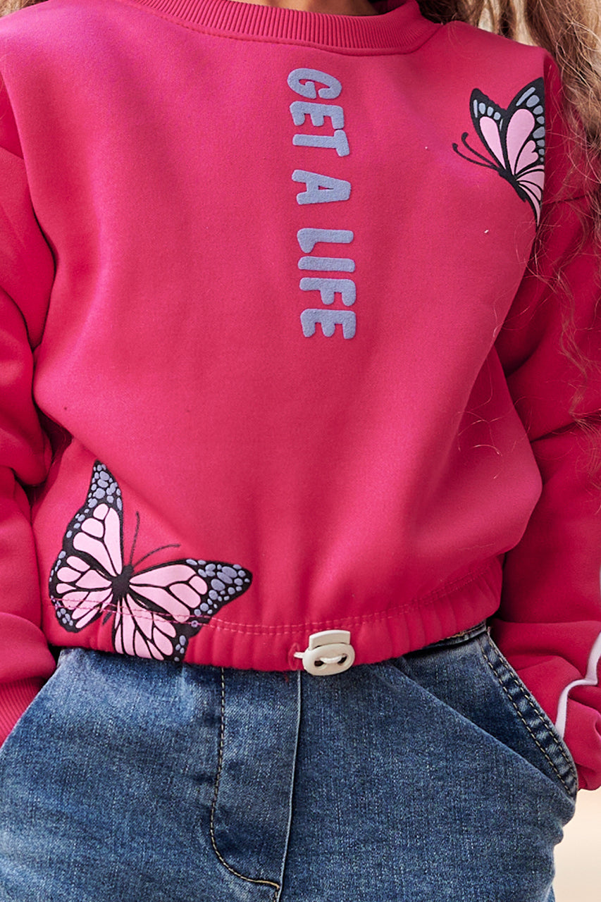 Girls Fuchsia Crop Sweatshirt with 'Get A Life' and Butterfly Print