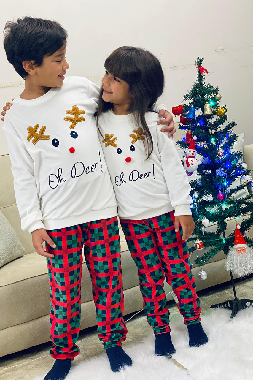 Winter family Matching Christmas pajamas with A deer embroidery - White