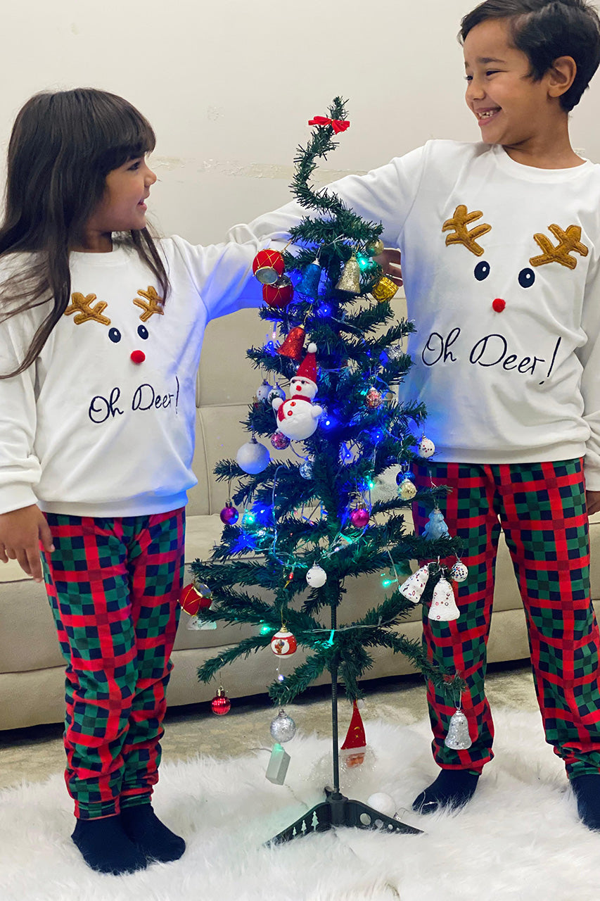 Winter family Matching Christmas pajamas with A deer embroidery - White