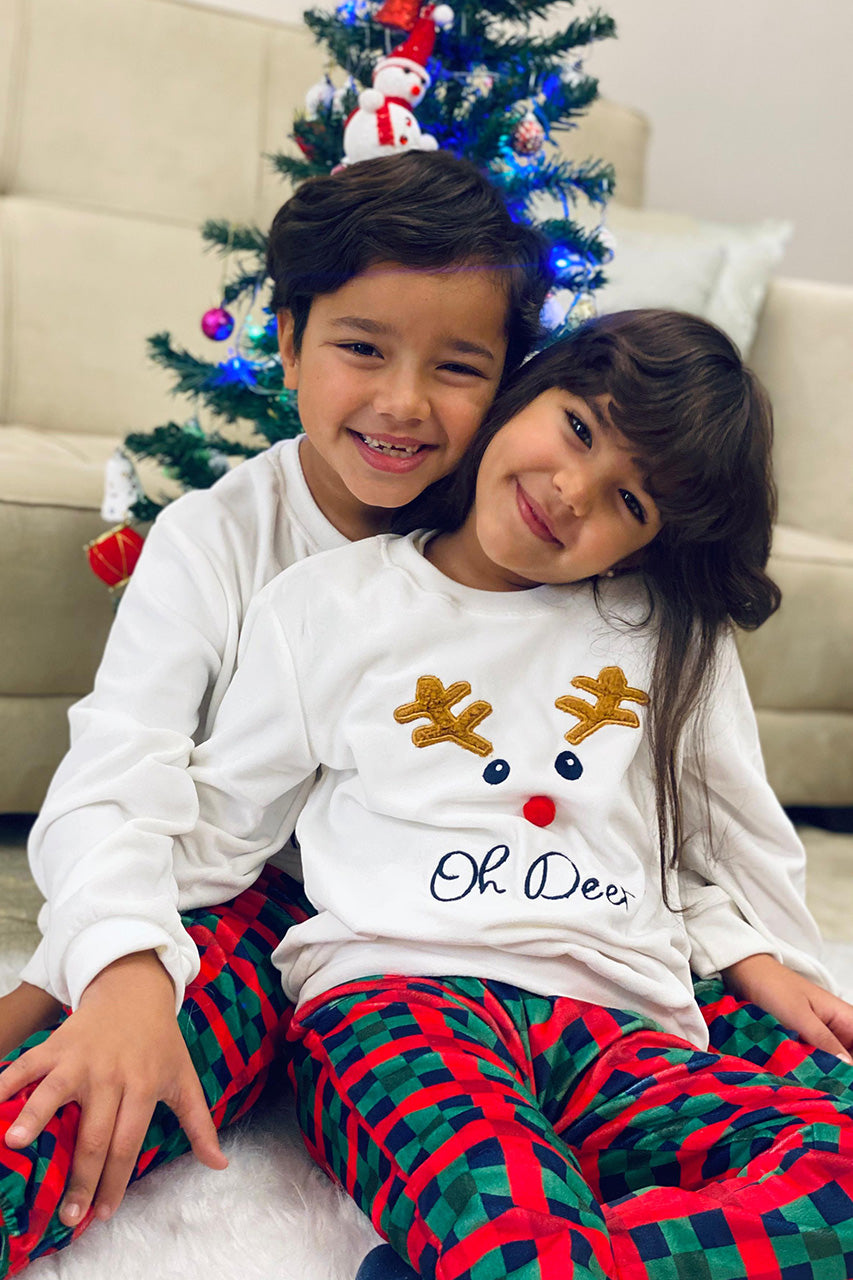 Winter family Matching Christmas pajamas with A deer embroidery - White