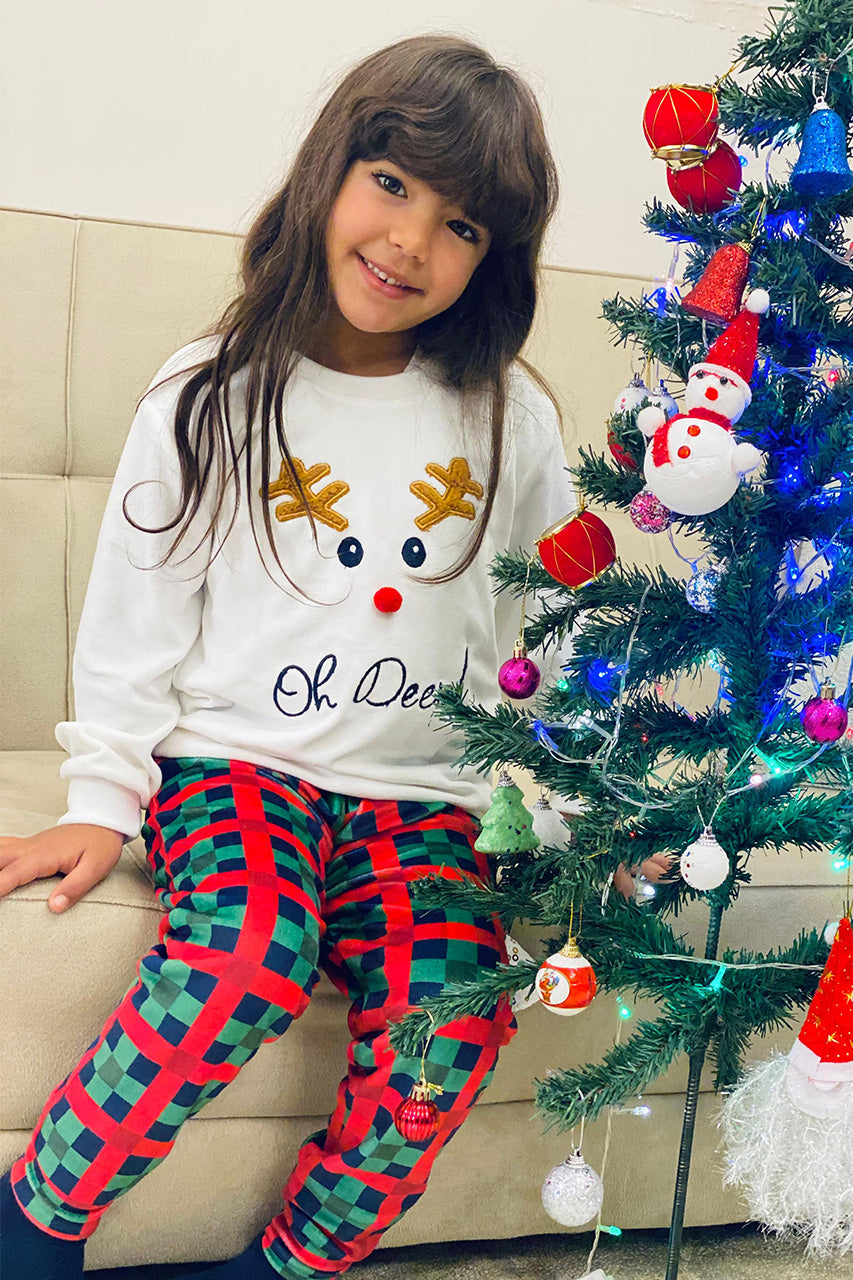 Winter family Matching Christmas pajamas with A deer embroidery - White