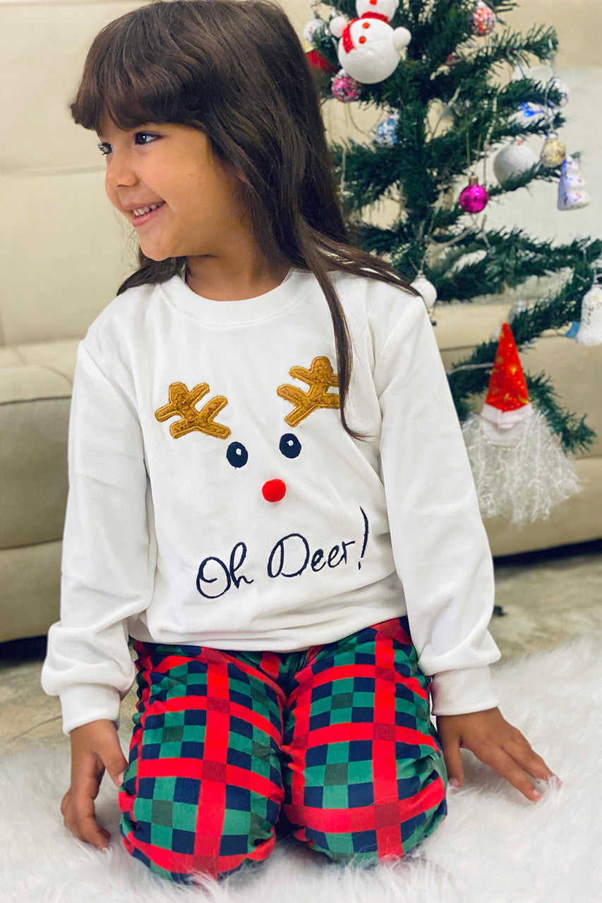 Winter family Matching Christmas pajamas with A deer embroidery - White