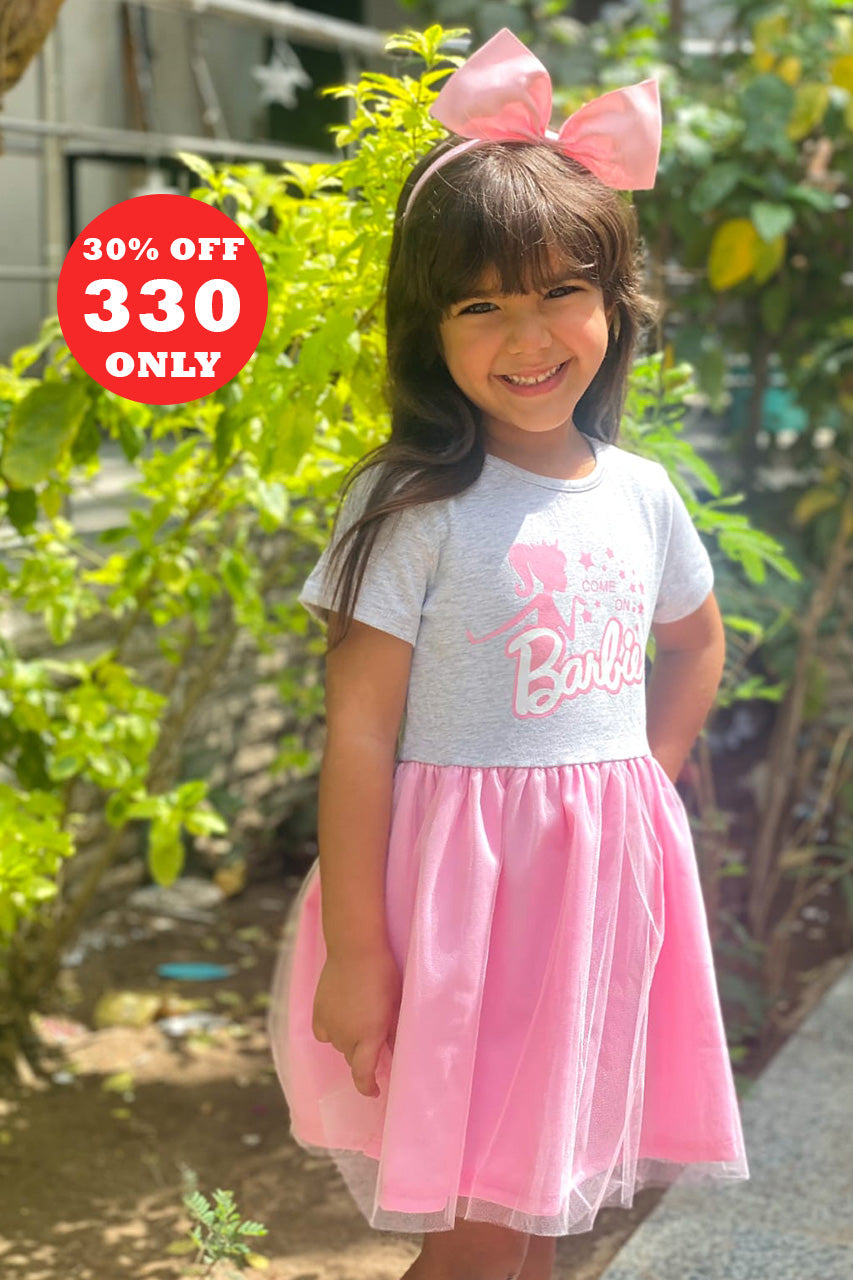 Girls' puffy dress with Barbie printed - Pink & Gray