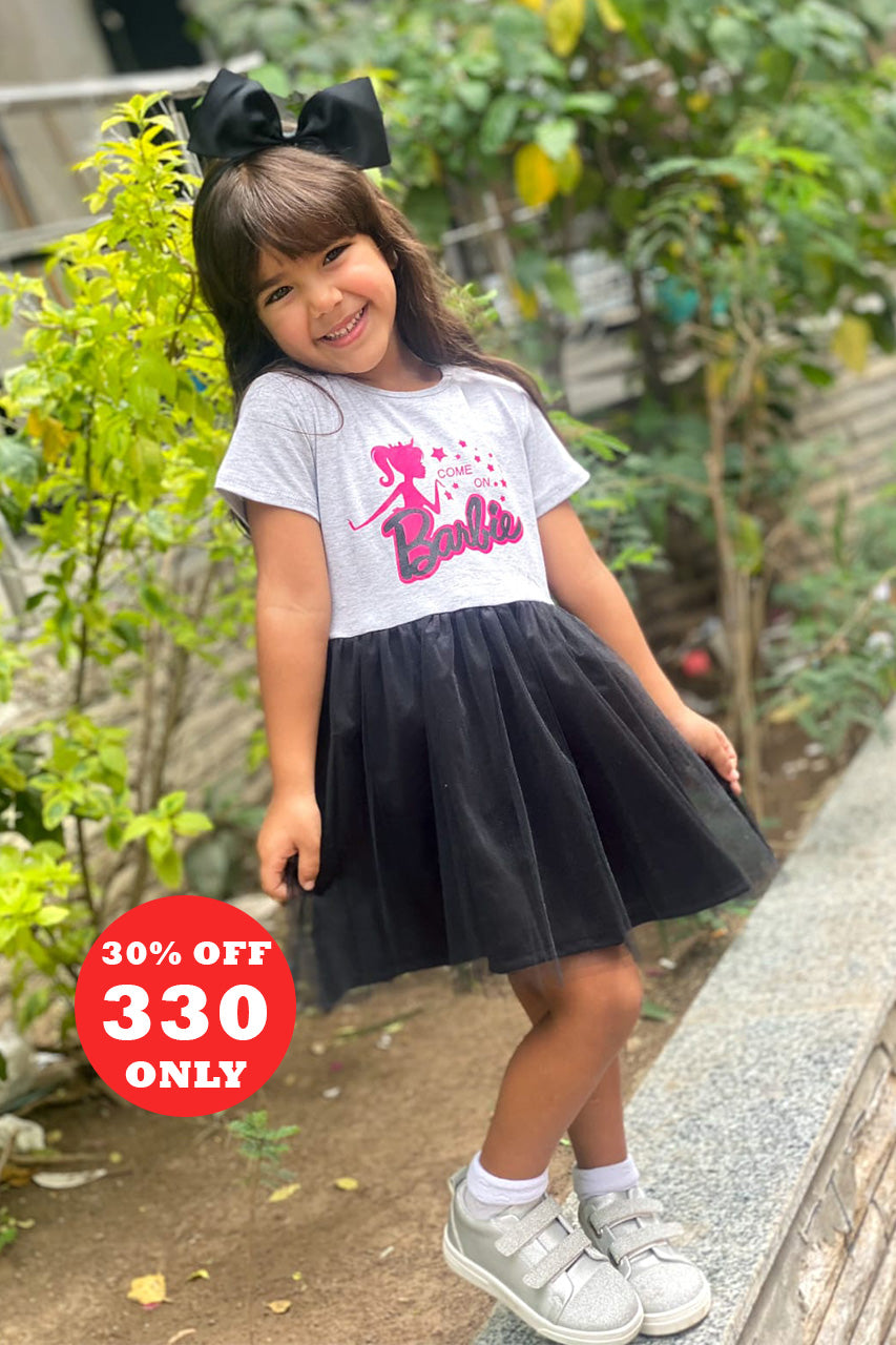Puffy dress for little girl with Barbie printed - black