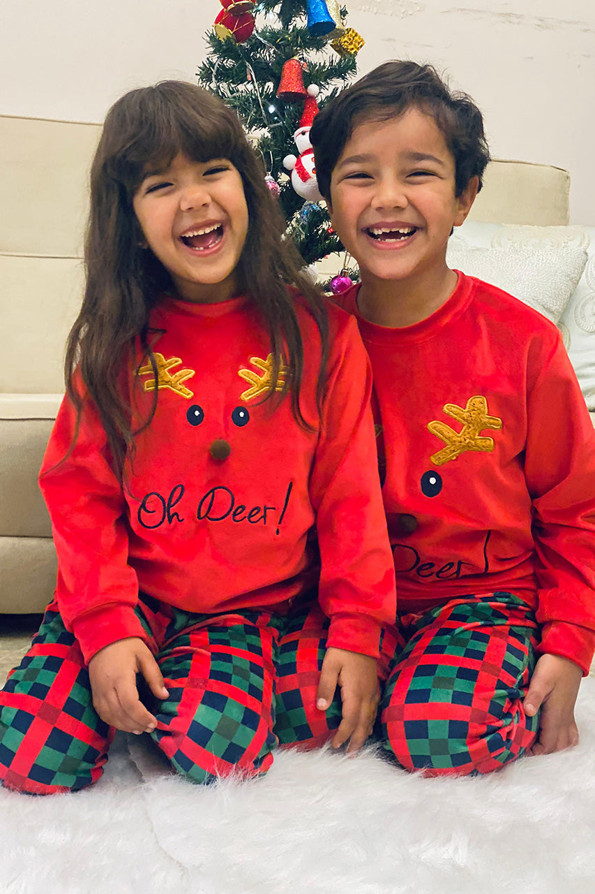 Winter family Matching Christmas pajamas with A deer embroidery - Red