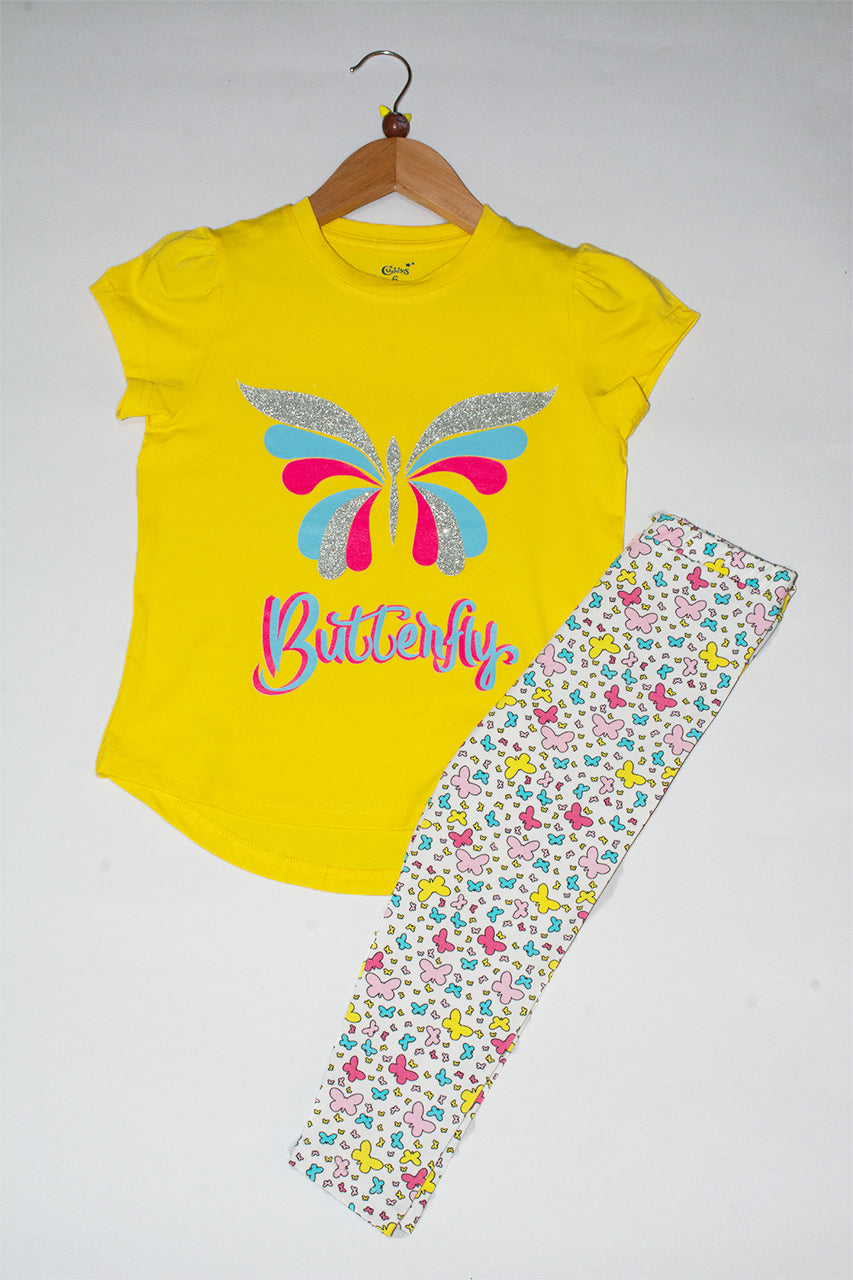 Girls summer cotton pajamas - yellow butterfly - 2 pieces